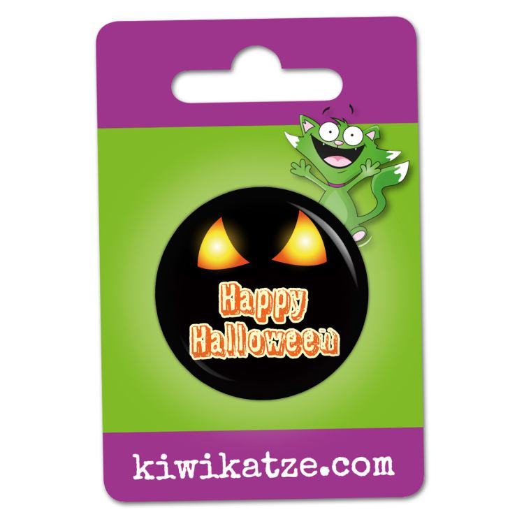 Ansteckbutton Happy Halloween leuchtende Augen an Eurolochkarte